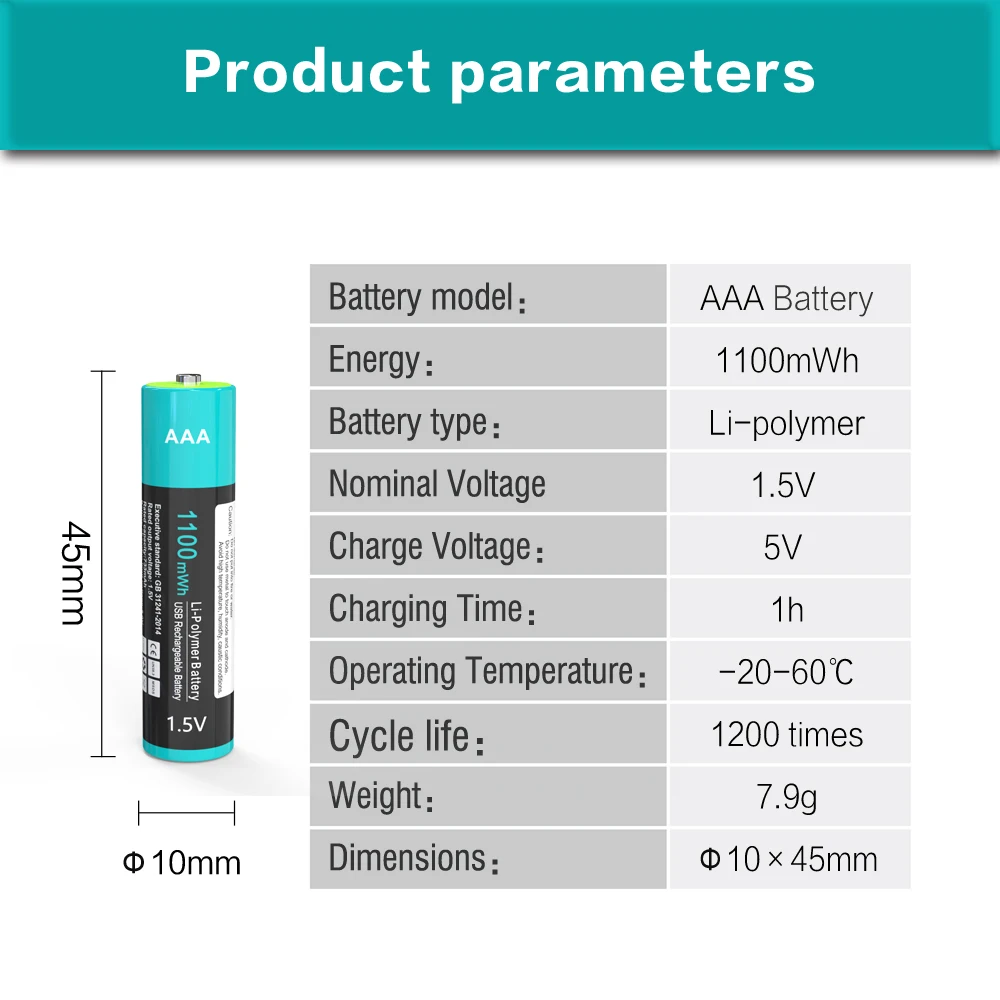 1.5V AAA usb battery 1100mwh rechargeable lithium li-ion battery charge by type C usb cable rechargeable lithium batteries