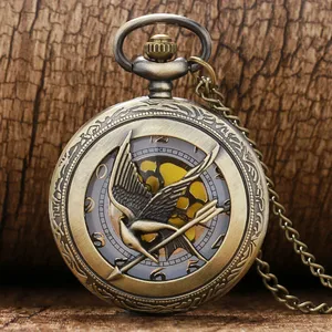 Vintage Style Watch Hollow Out Bird Cover Unisex Quartz Analog Pocket Watches Arabic Numeral Display Necklace Sweater Chain