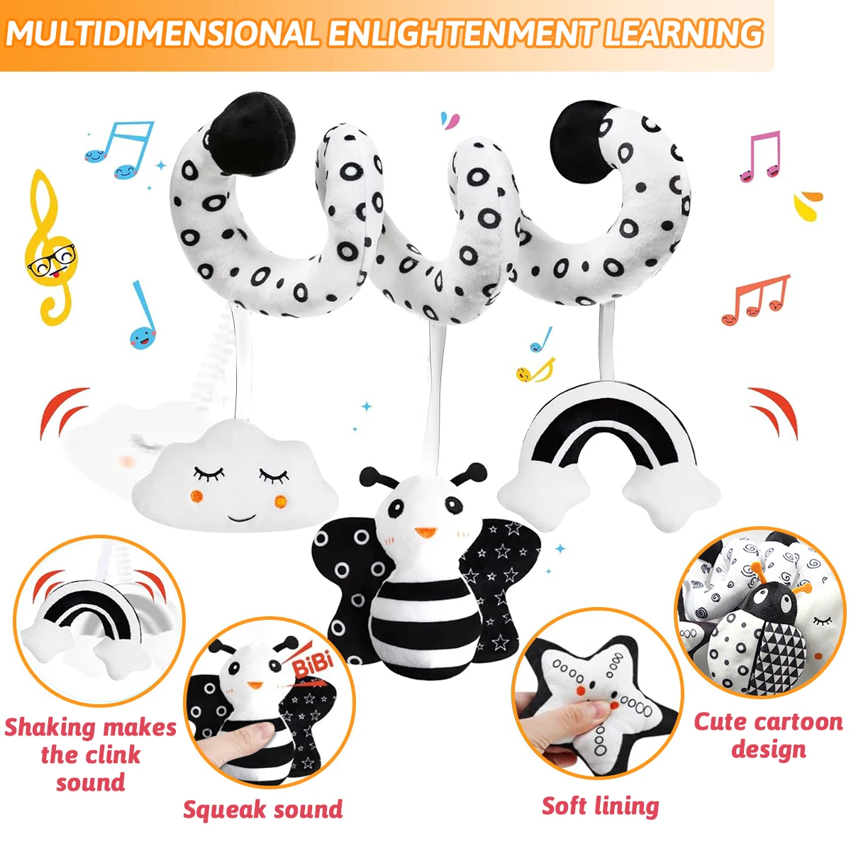 New Cartoon Cute Animal Baby Bed Around Toys With Bed-bell Black And White Bees Bed Around Baby Toys Decorative Accessories 5