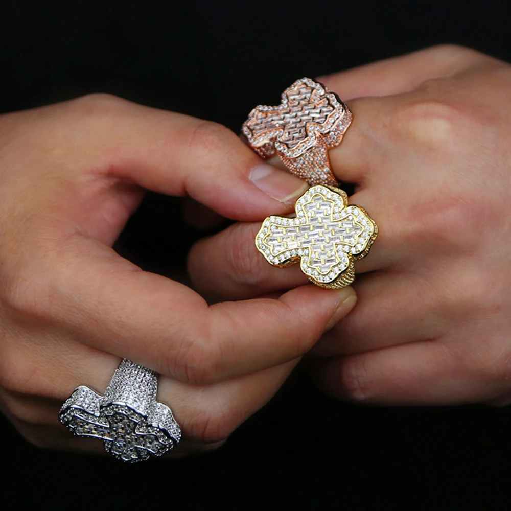 Iced Out Bling Cross Finger Ring Silver Color Cubic Zirconia Prong Setting CZ Stone Luxulry Men Women Hip Hop Fashion Jewelry 5