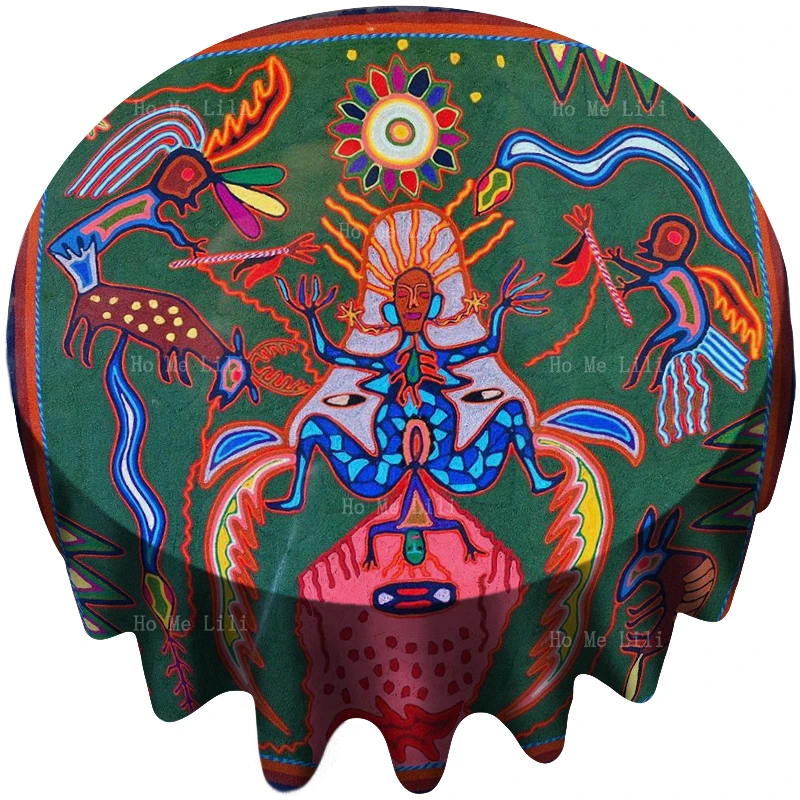 

Huichol Art Childbirth Indian Yarn Painting Nierikas Chicano Waterproof Round Tablecloth By Ho Me Lili For Tabletop Decor