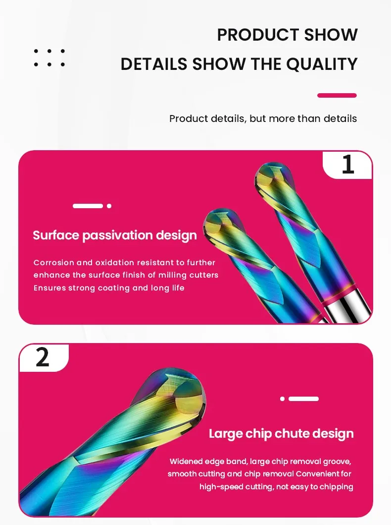 Gamont TGP-HRC60 2-flöte farb kreis dlc-beschichtung wolfram stahl karbid aluminium kugel end fräser cnc bearbeitung fräser – Detail 12