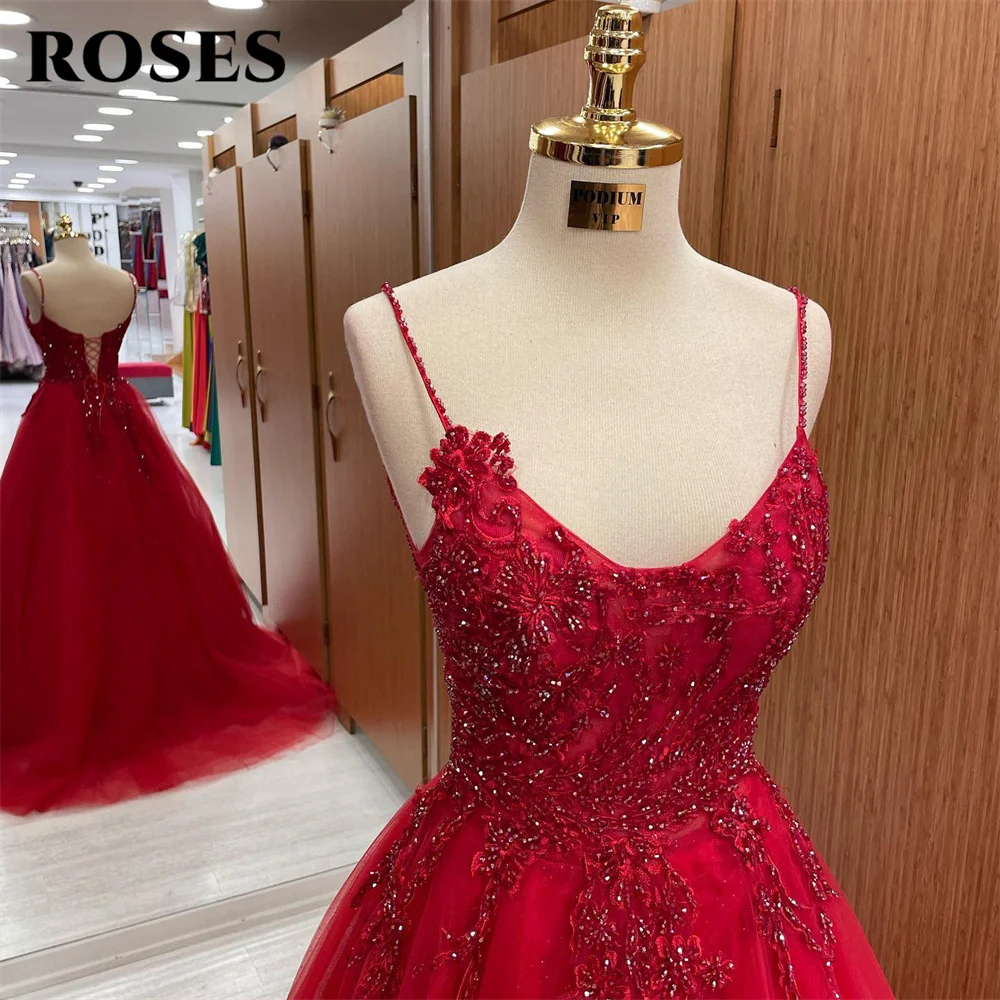 ROSES Spaghetti Strap A Line Special Occasion Dresses Appliques Lace Formal Gown Long Beading Evening Dress vestidos de fiesta