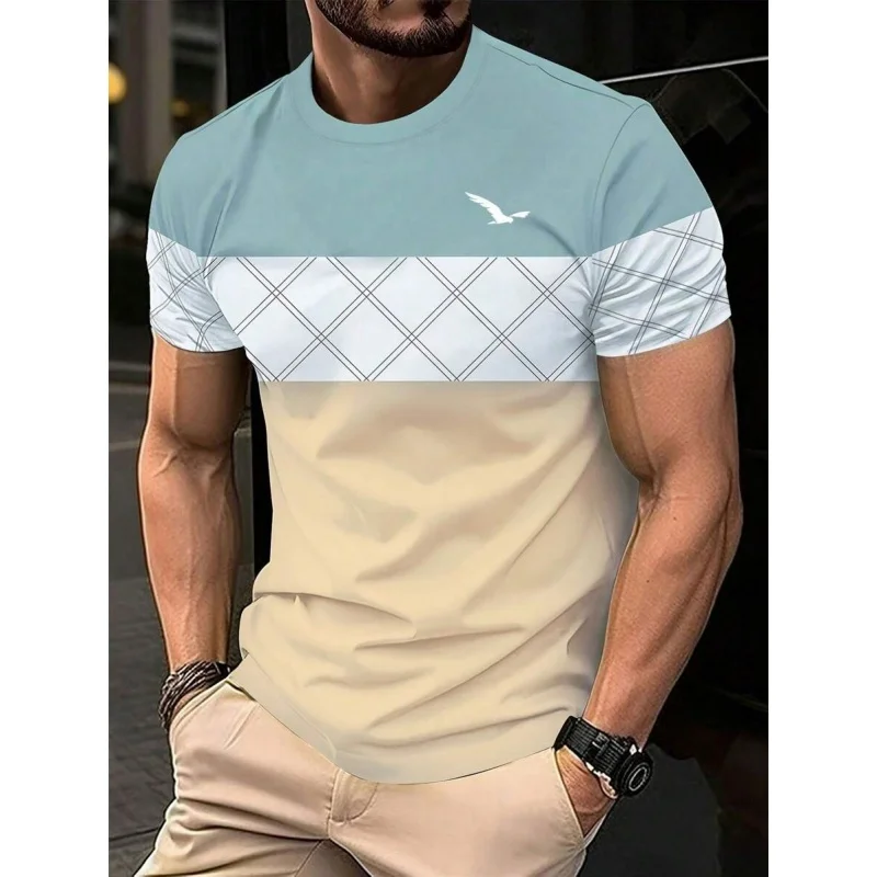 3D Printed Geometric Splicing T Shirt For Men Colorful Stripes Pattern T-Shirts Summer Casual O-Neck Tees Loose Short Sleeves
