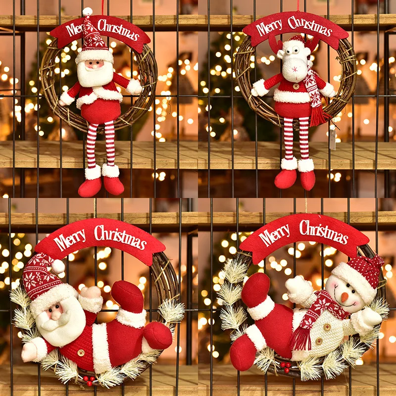 Christmas Red and White Snowman Old Man Rattan Circle Door Hanging Garland Scene Arrangement Old Man Elk Puppet Decoration