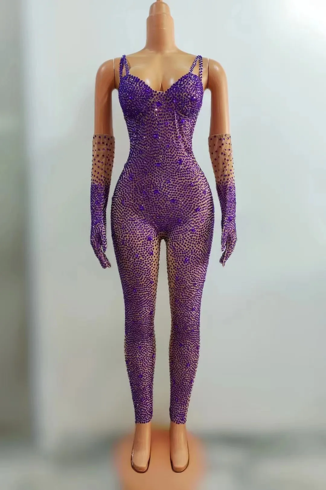 

Luxurious Full Rhinestones Jumpsuit Gloves Women Evening Party Birthday Outfit Sexy Mesh Performance Dance Costume Stage Wear