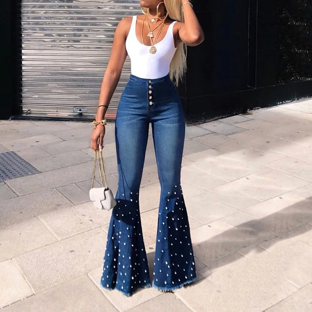 

Women's Vintage Jeans 2023 Autumn/Winter New High Waist Elastic Button Tassel Casual Beaded Flare Pants