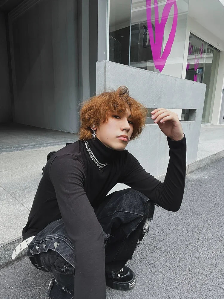 Knitwear Pullover Men's Black Simple Casual Loose Version Versatile Retro Thermal Underwear High Neck Inner Wear Autumn Winter