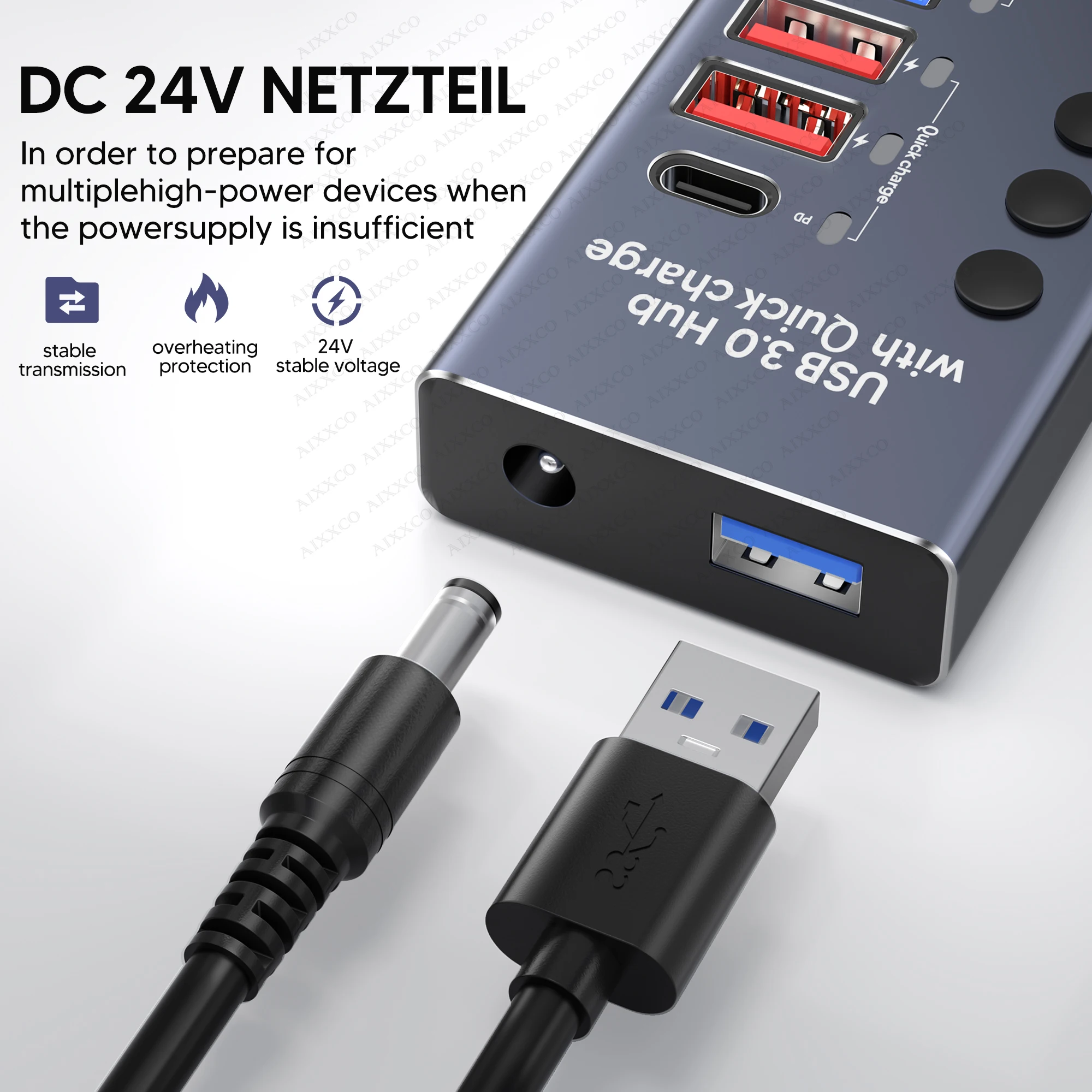 AIXXCO USB 3.0 Hub Splitter Socket with Multi USB PD charging Port Slot Plug On-Off Key Switch Dock Power Adapter for PC Lapto 5