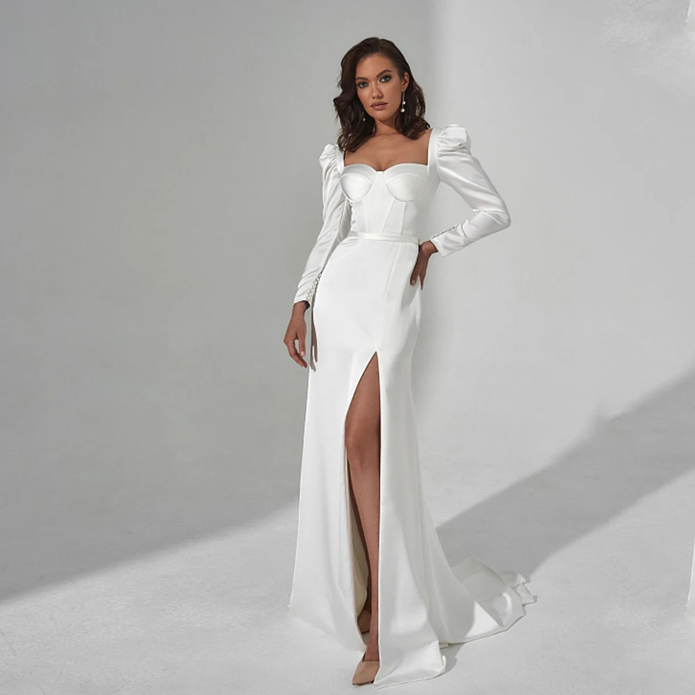 Robe de Mariée Sirène en Satin Blanc à Manches sulfBouffantes, Corset avec Fente Latérale, pour Patients de Plage