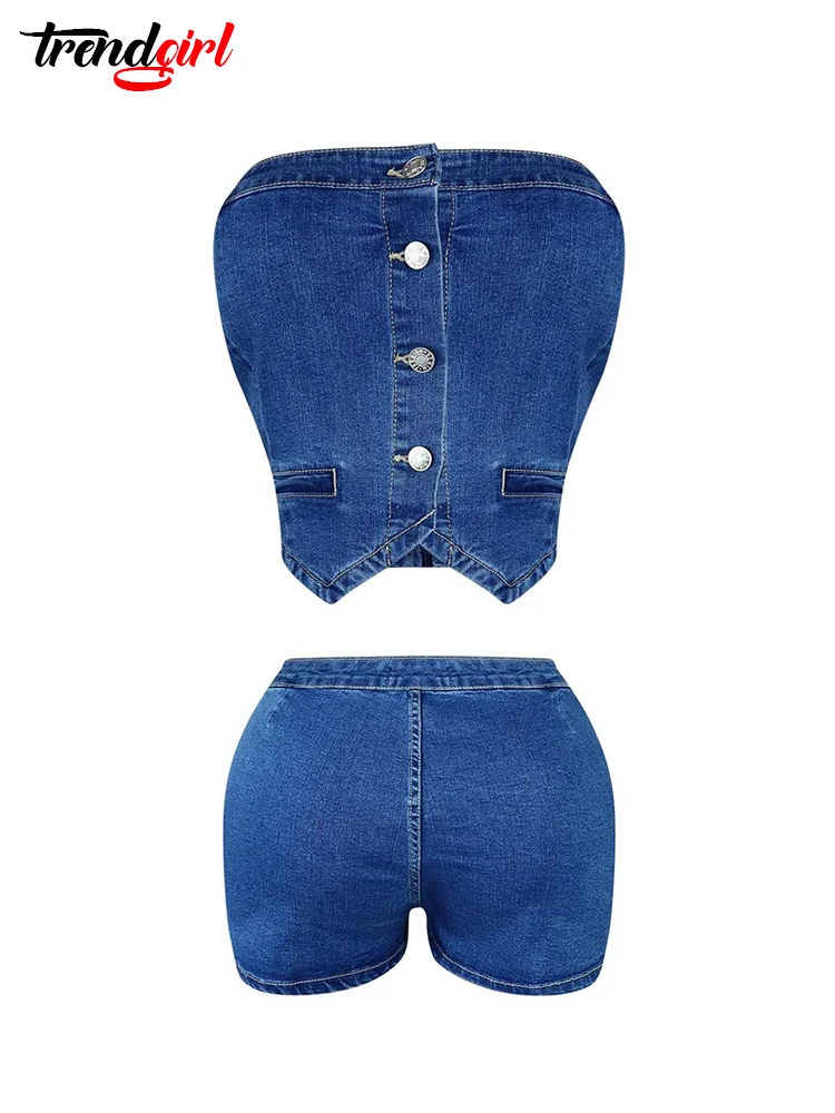 Trendgirl Summer Sexy Shorts Skirts Jean 2 Two Pieces Sets Women Club Outfit Strapless Elastic Crop Tops Denim Stretch Blue Suit