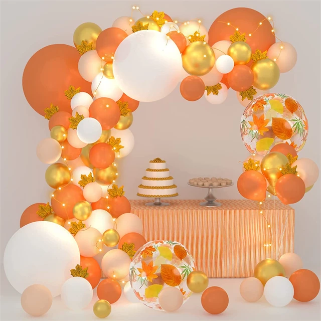 100PCS Fall Balloon Set with Maple Vine String Lights Orange White Globos  for Baby Shower Graduation