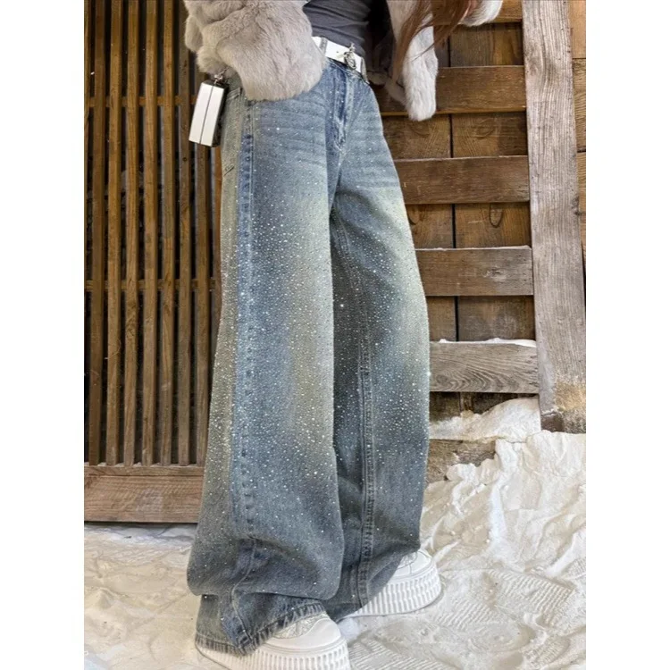Jeans rétro de style américain de haute qualité, taille plus, entièrement ornés de strass, pour femmes, pantalon long tendance avec un design original
