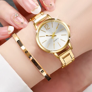 Fashion Women Elagant Watch Casual Simple Steel Strap Quartz Watch Love Bracelet 2PCs Set Temperament Wearing Style 1