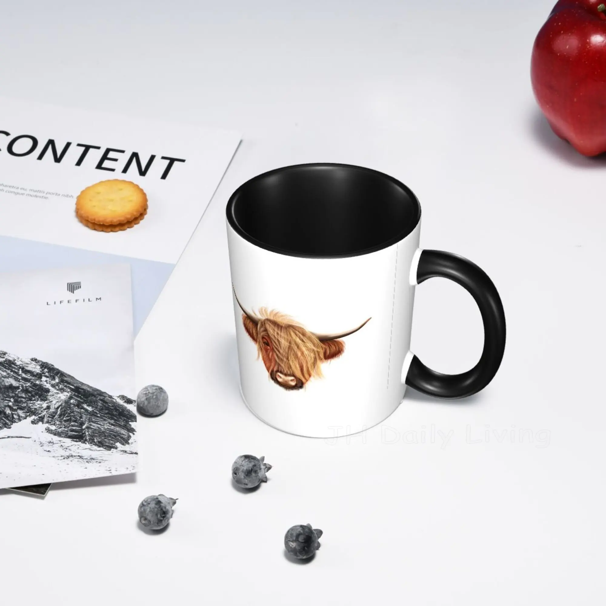 스코티시 털 하이랜드 암소 세라믹 머그잔, 커피 우유 컵, 창의적인 선물, 귀여운 선물, 블랙 핑크 그린 블루, 350ML, 12oz