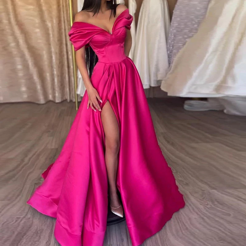 

Charming Fuchsia Prom Dresses A Line Off The Shoulder Split Front 2022 Girls Formal Evening Party Gowns 2023 Wedding Soiree Maxi