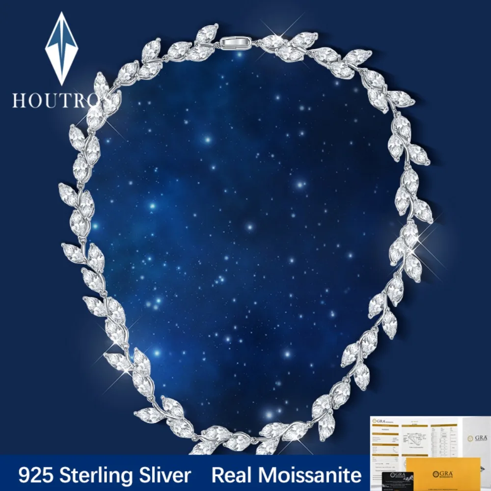 

Houtros 48ct Marquise Full Moissanite Diamond Necklace 925 Sterling Silver Leaf Chokers Wedding Neck Chain Party Luxury Jewelry