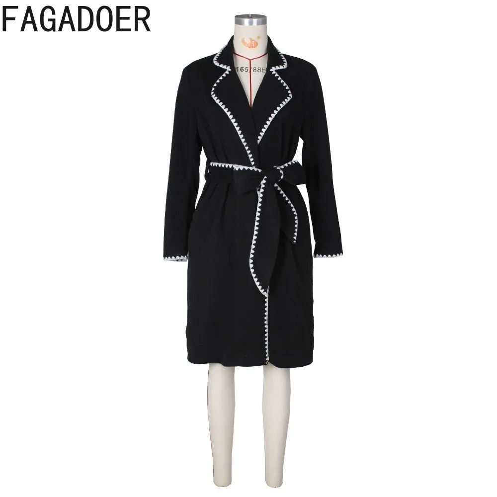 FAGADOER Fashion Print Woolen Lace Up Trench Coats Women Turndown Collar Long Sleeve Loose Cardigan Elegant Female Matching Tops