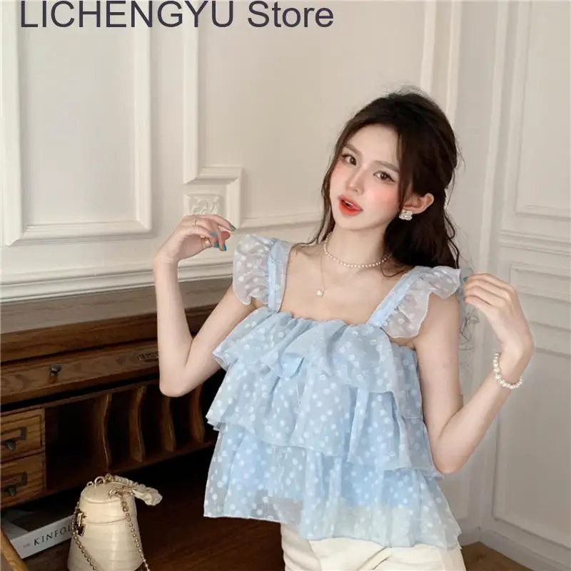 

New Summer Polka Dot Chiffon Shirt Women's Doll Shirt Sleeveless Tops Fashion Ruffles Aesthetic Clothes Sweet streetwear