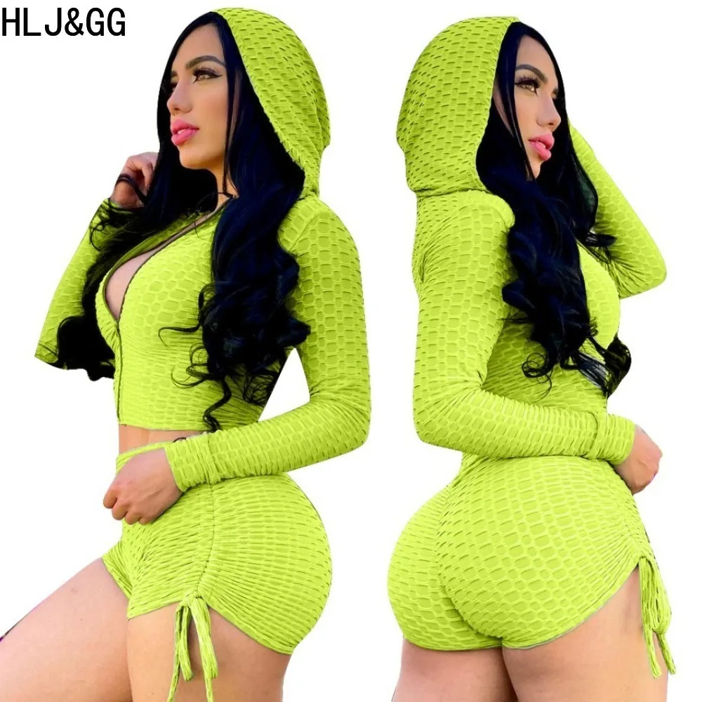 HLJ&GG Summer Neon Color Hooded Sporty Two Piece Sets Women Zipper Long Sleeve Top + Drawstring Shorts Tracksuits Casual Outfits