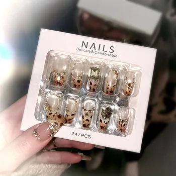 24Pcs Leopard Print Press-on Nails Medium Oval French Pearl Chain Flashing Diamond False Nail for Women&Girl Wearable Nail Art