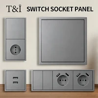 EU Standard Wall Socket with Dual USB Type-C 16A 250V Flush Mount Outlet,1/2 Gang Light Switch,80x80mm Grey Tempered Glass Panel 1