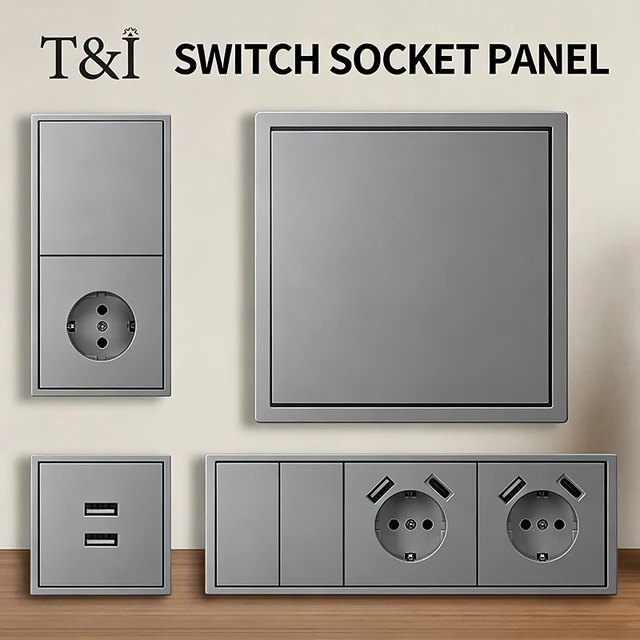 EU Standard Wall Socket with Dual USB Type-C 16A 250V Flush Mount Outlet,1/2 Gang Light Switch,80x80mm Grey Tempered Glass Panel 1