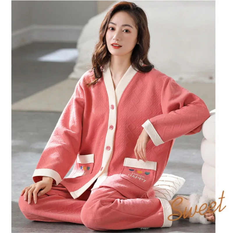 2024 New Air Cotton Sandwich Pure Cotton Pajamas Women Thickened Autumn Winter Thin Cotton Jacket Oversized Loose Homewear Set autumn lace elegant pure color cotton pajamas women cotton sweet palace style pajamas set home clothes pajama set