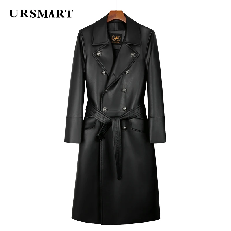 

Long leather trench coat men's over knee double breasted large lapel British men's thickened warm leather windbreaker coat men