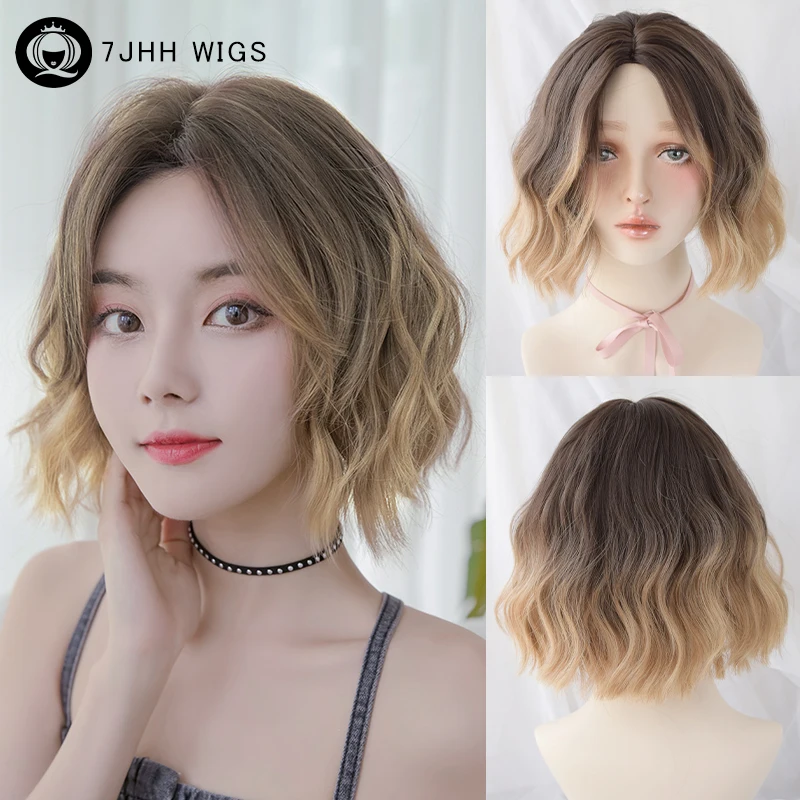 

7JHH WIGS Middle Part Brown To Blonde Bob Wig for Women Daily High Density Synthetic Layered Wave Hair Wigs with Dark Roots