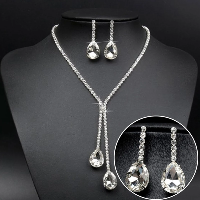 Simple Luxury Full Crystal Chain Water Drop Necklaces & Pendants Dangle Earrings Sets Wedding Bridal Jewelry Sets 3Styles