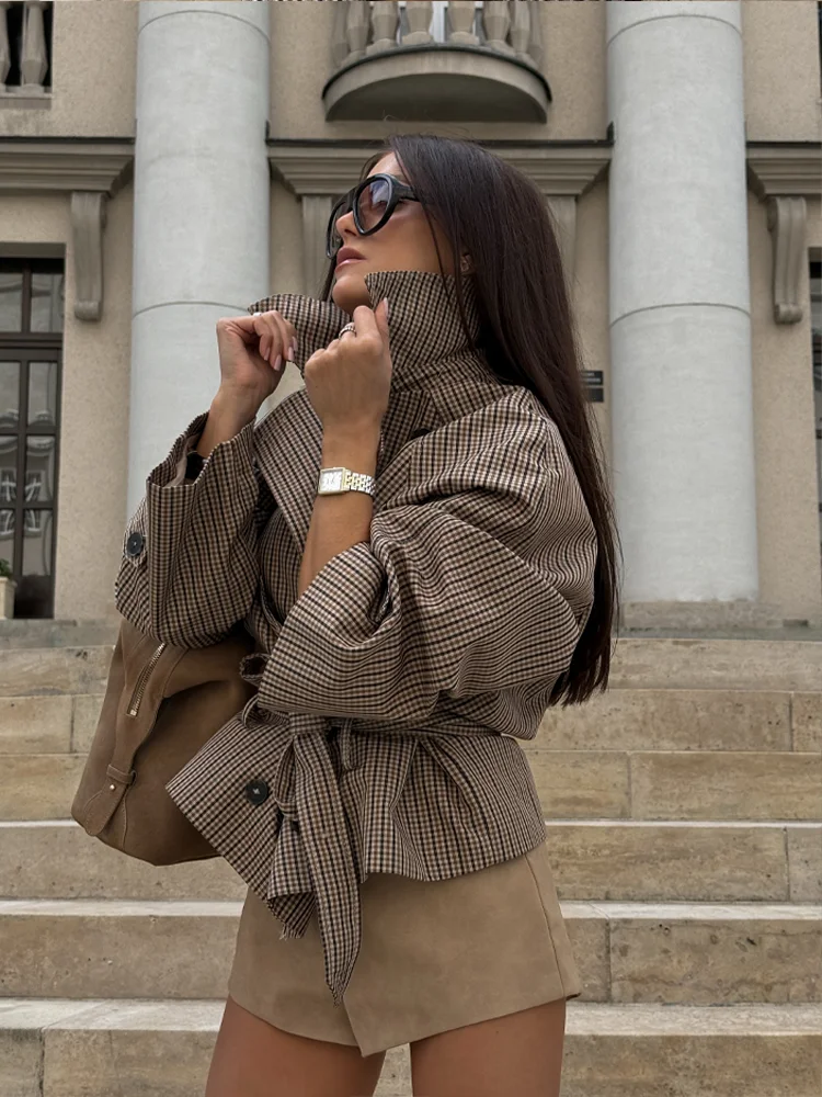Plaid Windbreaker Grid Jacket Lapel Collar Double Breasted Trench Woman Coat Waist Tie Belt Long Sleeve Short Top Casual Clothes