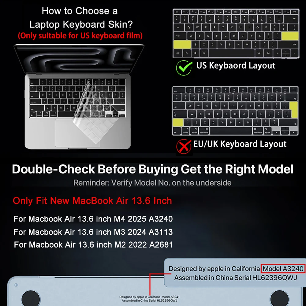 Laptop Case For Macbook Air 13.6 inch M4 M3 M2 2025 2024 2022 A3240 A3113 A2681,Ultra Thin Matte Case+Keyboard Cover+Screensaver