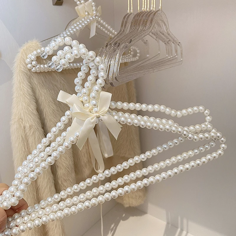 2Pcs Fake Pearl Design Clothes Hanger with Bow Knot Plastic Shop