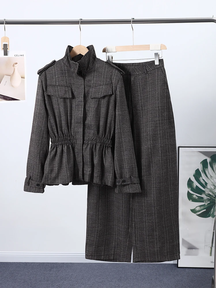 Rüschen Plaid Bomber Jacke Hosen Anzüge Frauen Elegante Revers Langarm Taille Cinching Mäntel Hohe Taille Hose Chic Damen Sets – Detail 3