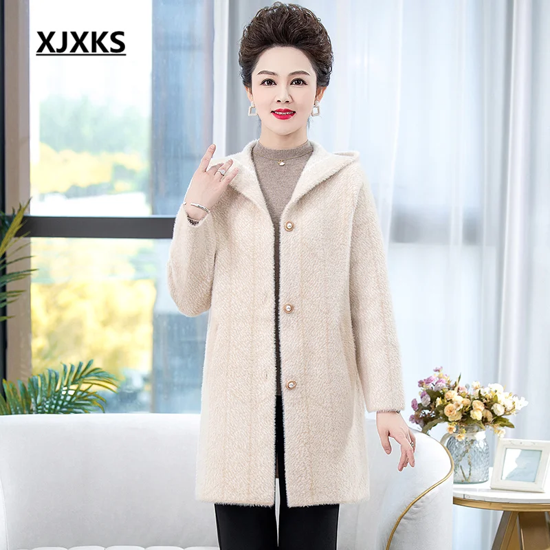 

XJXKS Fashion Hooded Women's Long Jacket 2023 Winter New Loose Oversize Temperament High-end Ladies Coat Casual Warm Lapel