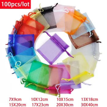 100Pcs/lot 7x9 9x12 10x15 13x18CM Organza Bags Jewelry Bag Wedding Party Decoration Drawable Bags Gift Pouches Jewelry Packaging 1