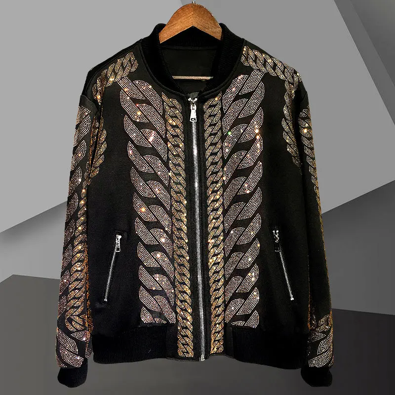 

Heavy Contrasting Rhinestones Paillette Leisure Time Loose Coat Jacket Luxury Hot Diamond Men's Wear Baroque Court Zipped Jacket