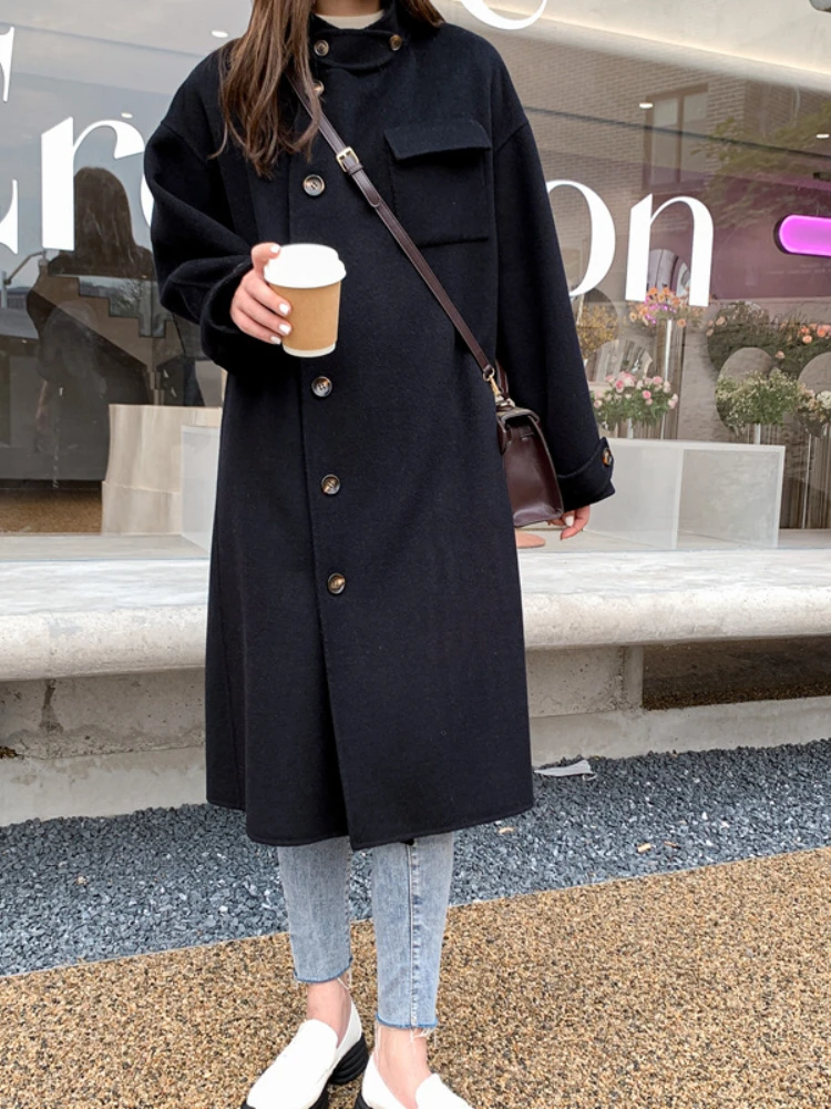 

2023 X-long Single Breasted Fashion Winter Women Coat Double-sided Wool Blends Cashmere Loose Warm Luxury New Streetwear