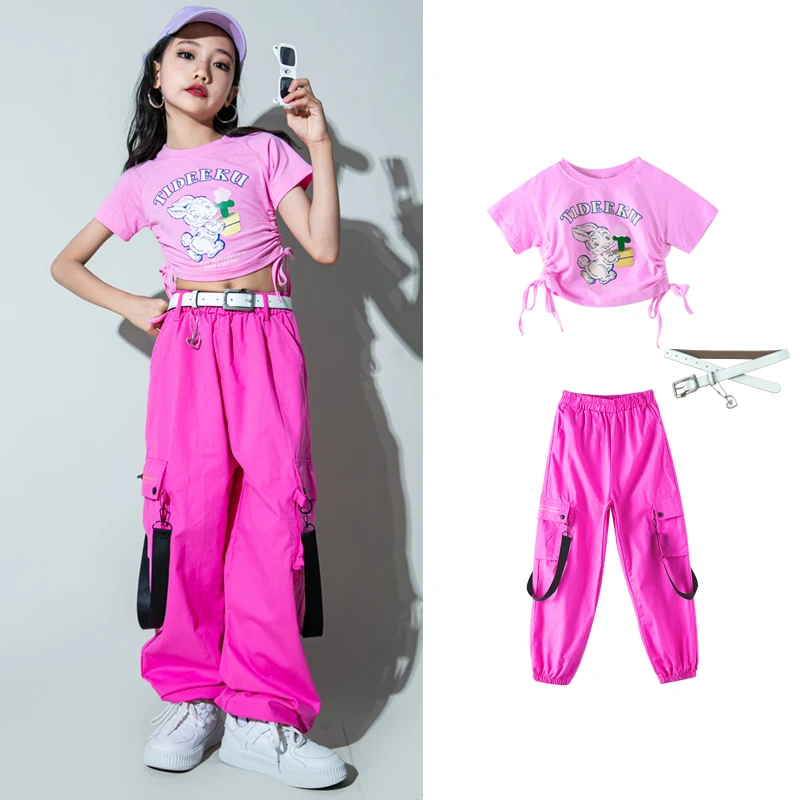 

Children Jazz Modern Dance Costumes For Girls Crop Tops Rose Red Cargo Pants Suit Kids Hip Hop Dance Performance Wear DQS13431