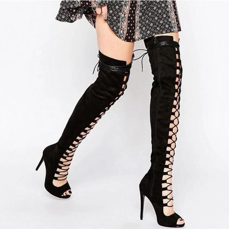 Fashion Black apricot Suede Cross tied Cutout Thigh Boots Thin