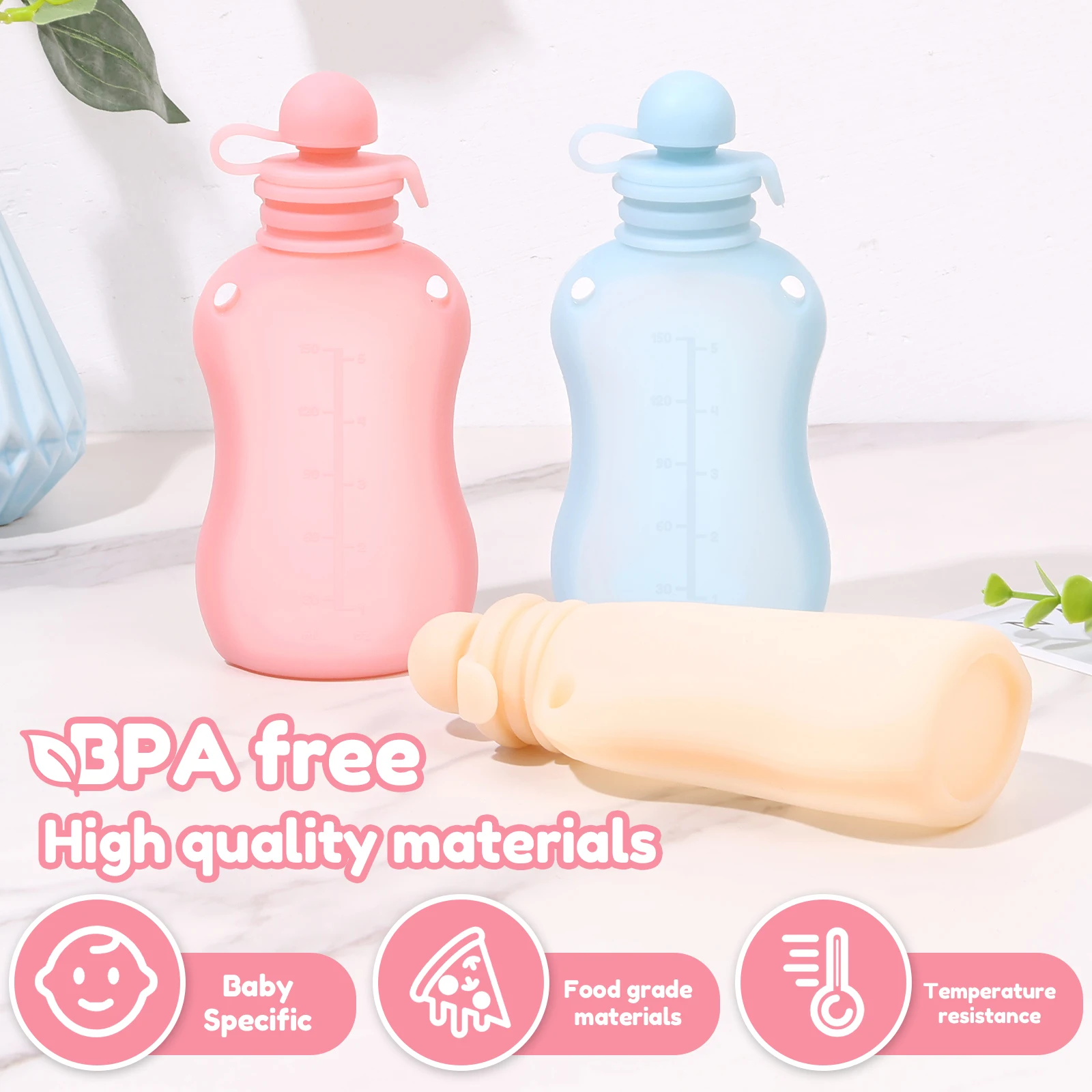 3Pcs Silicone Baby Food Pouch Squeezable Pouch 150ml/5oz Breastmilk Storage Bag Refillable Baby Squeeze Pouch for Home School