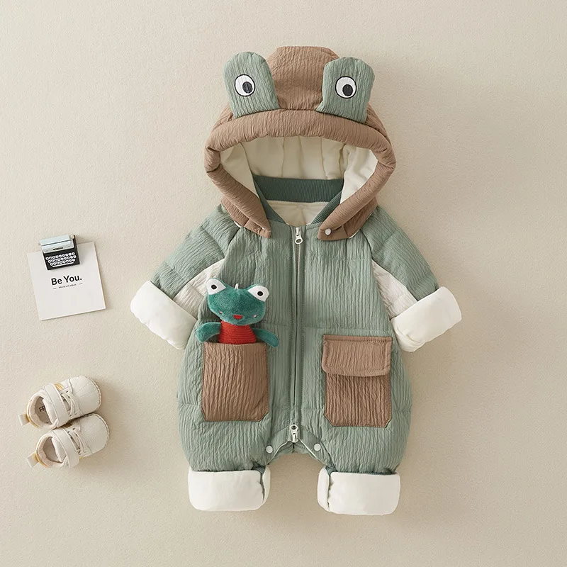 Winter Baby Boys Down Jacket Jumpsuit White Duck Down Thickening Newborn Boys Climbing Suit Cartoon Frog Infant Boy Romper