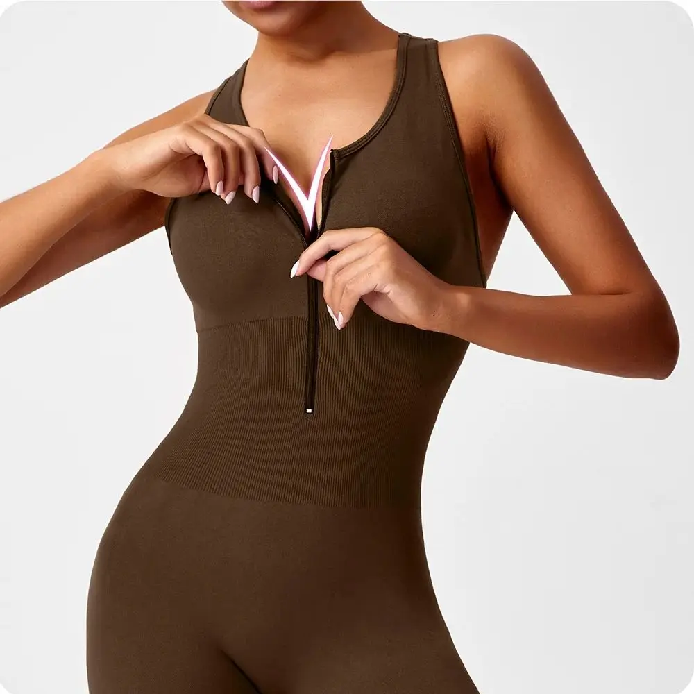 Body da yoga intero senza cuciture con bottino color pesca - Completo da palestra per il controllo della pancia con scollo a V per donna - Tuta da allenamento sexy aderente fitness - immagine 3