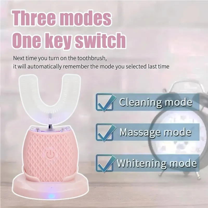 성인용 IPX7 방수 기능을 갖춘 충전식 초음파 전동 칫솔 - 딥클리닝을 위한 U자형 칫솔