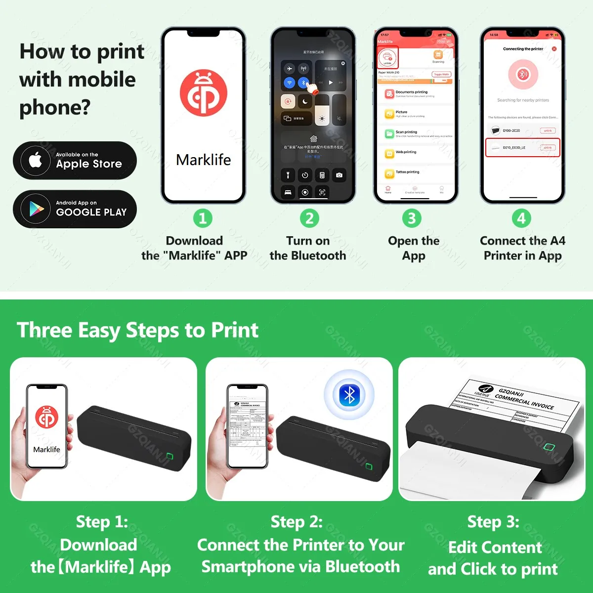A4 Portable Thermal Printer Wireless for Travel and Home Work Use Inkless Mobile Bluetooth Printing Compatible with Android iOS