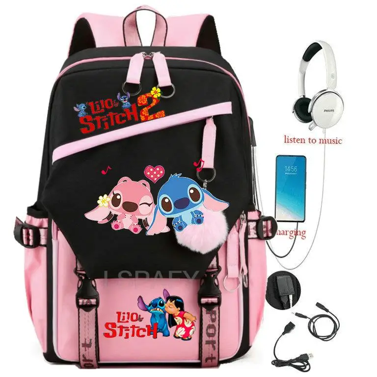 Lilo And Stitch Backpack Waterproof Boys Girls Bookbags Laptop Rucksack With USB School Backpack Capacity for Teens Mochilas