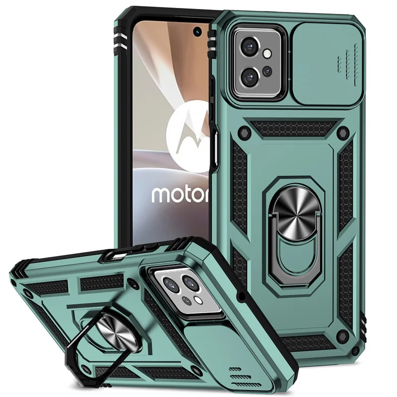 Durable Shockproof Case with Slide Lens Protector and Ring Stand Holder