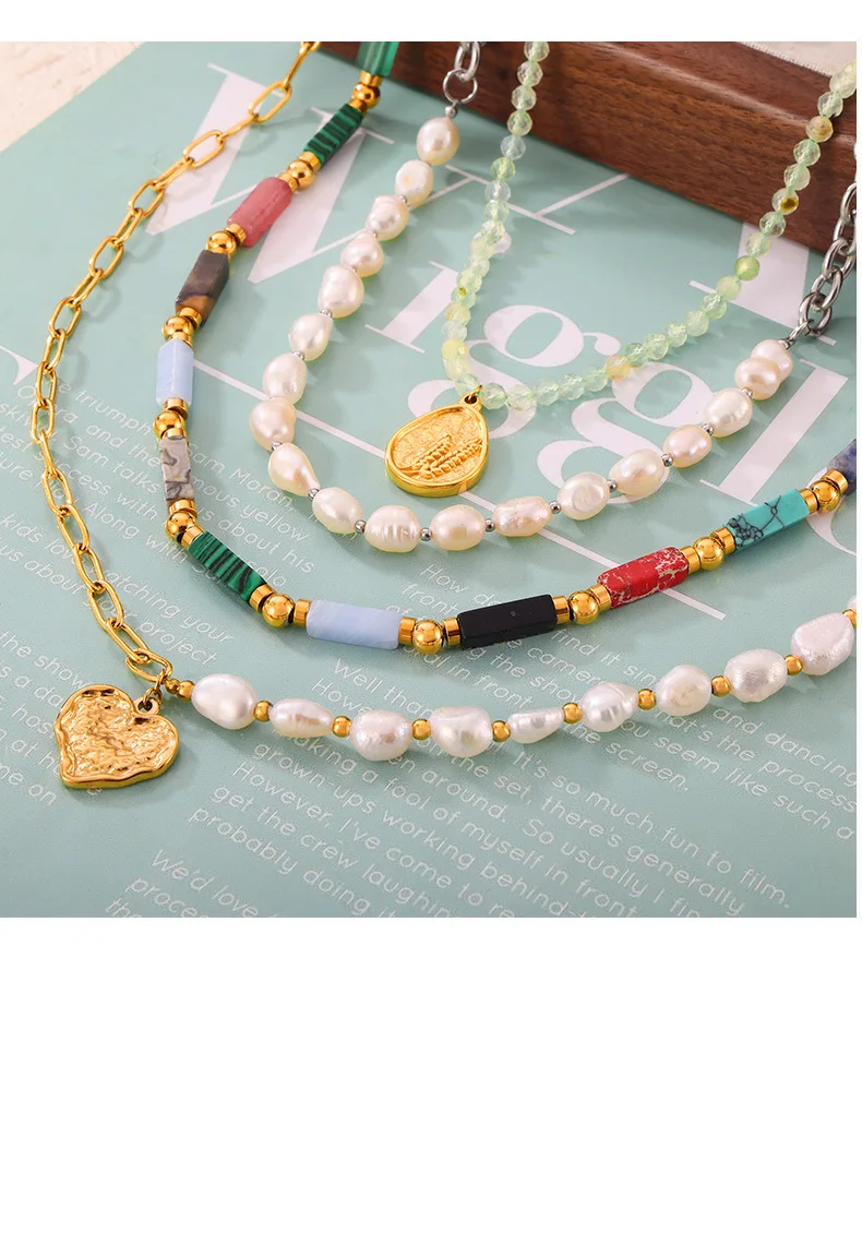 Ethnische Halskette für Frauen Edelstahl Natursteine Kette Perle Perlen Luxus Schmuck Party Hochzeits geschenk – Detail 9