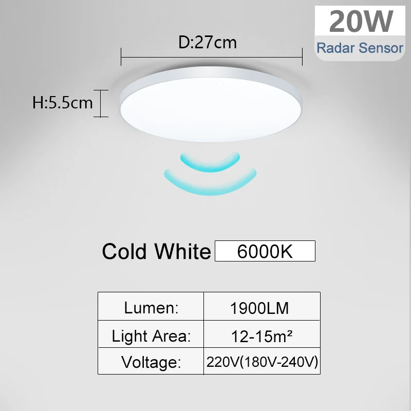 thumbnail image 1 of Lámpara de techo con sensor de radar MANVIV, luces LED con sensor de movimiento sensibles para pasillo, 15 W, 20 W, 40 W, 50 W, luces de techo de color blanco frío, 1 of 5